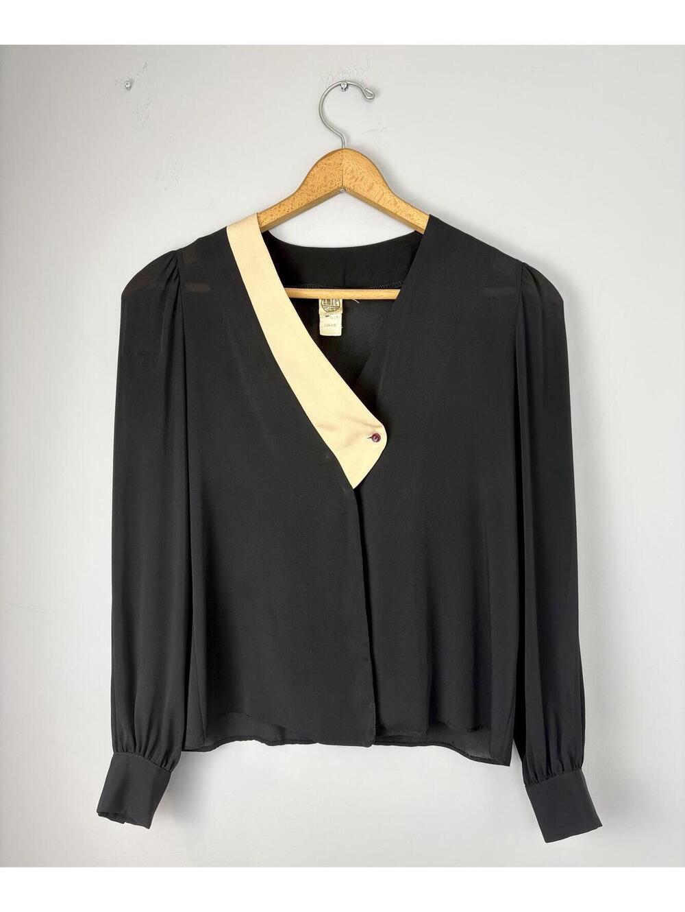 Vintage 90s Black Cream Contrast Detail Semi Sheer Chiffon Blouse Medium
